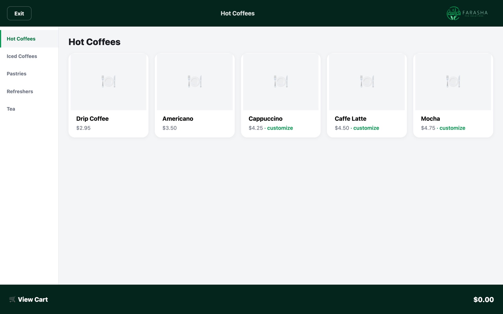 Self-order kiosk menu
